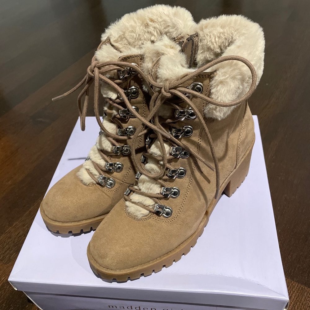 Madden Girl Tan Faux Fur Suede Lace-Up Ankle Boots